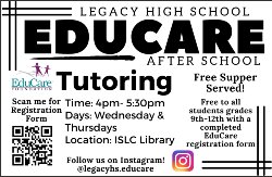 Educare After School tutoring flyer. Wednesday and Thursday 4pm-5:30pm at the ISLC Library